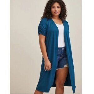 Torrid  Plus Size 1X Duster Fit N Flare Ruched Short Sleeve Cardigan Teal Blue